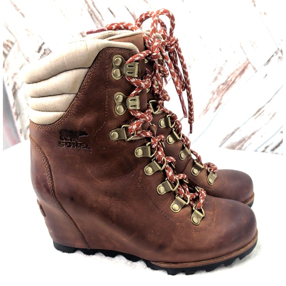 Sorel Conquest Wedge Boots‎ Brown Leather Distressed Lace Up Lug Sole